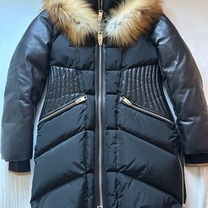 Luxurious Nicole Benisti Designer Black Down Puffer Coat with Real Fur Trim NWT
